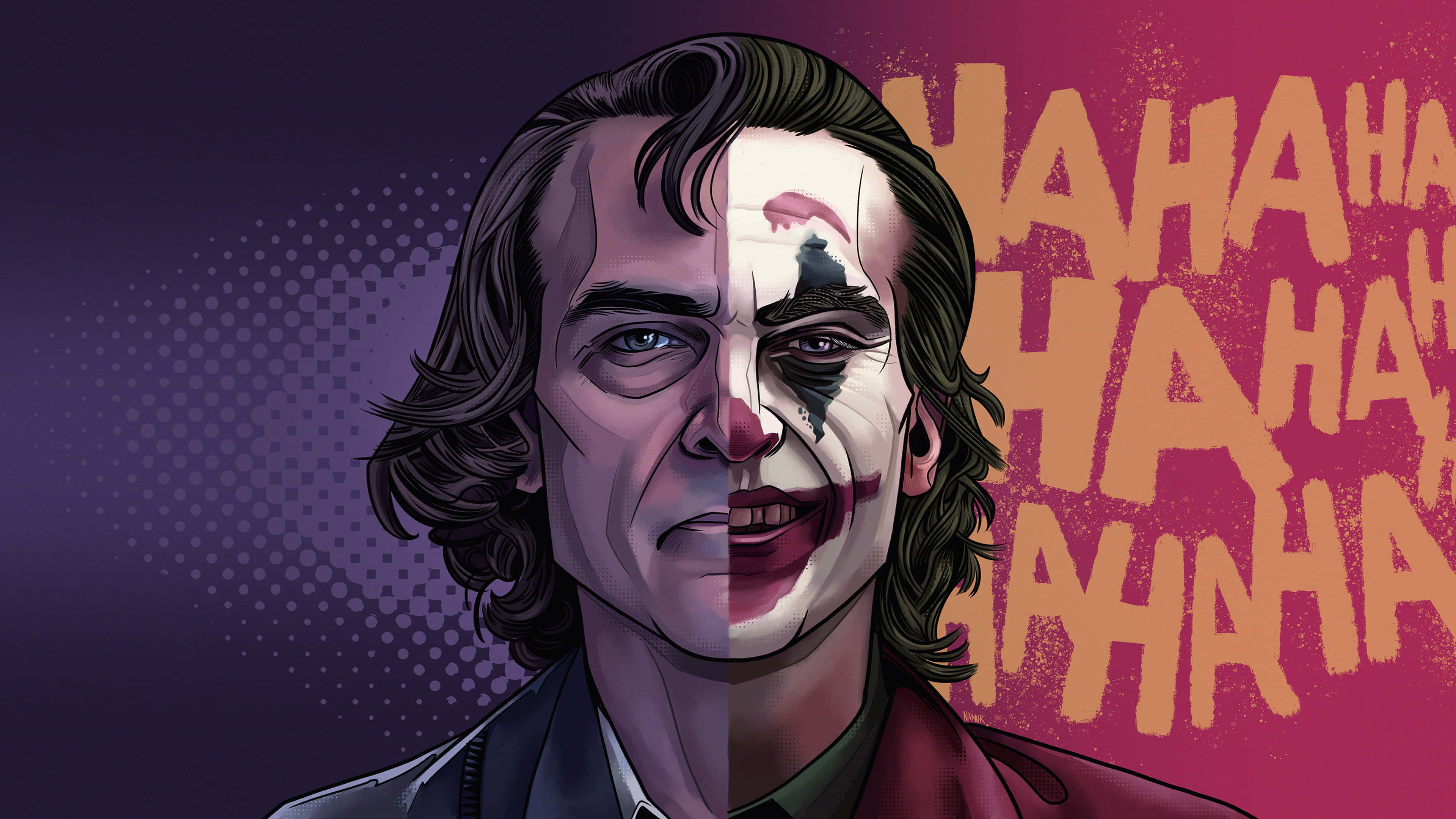 Joker Comic 桌布 壁紙 — 小丑的分裂臉部插圖，一半正常一半塗漆，背後有混亂的笑聲文字。
