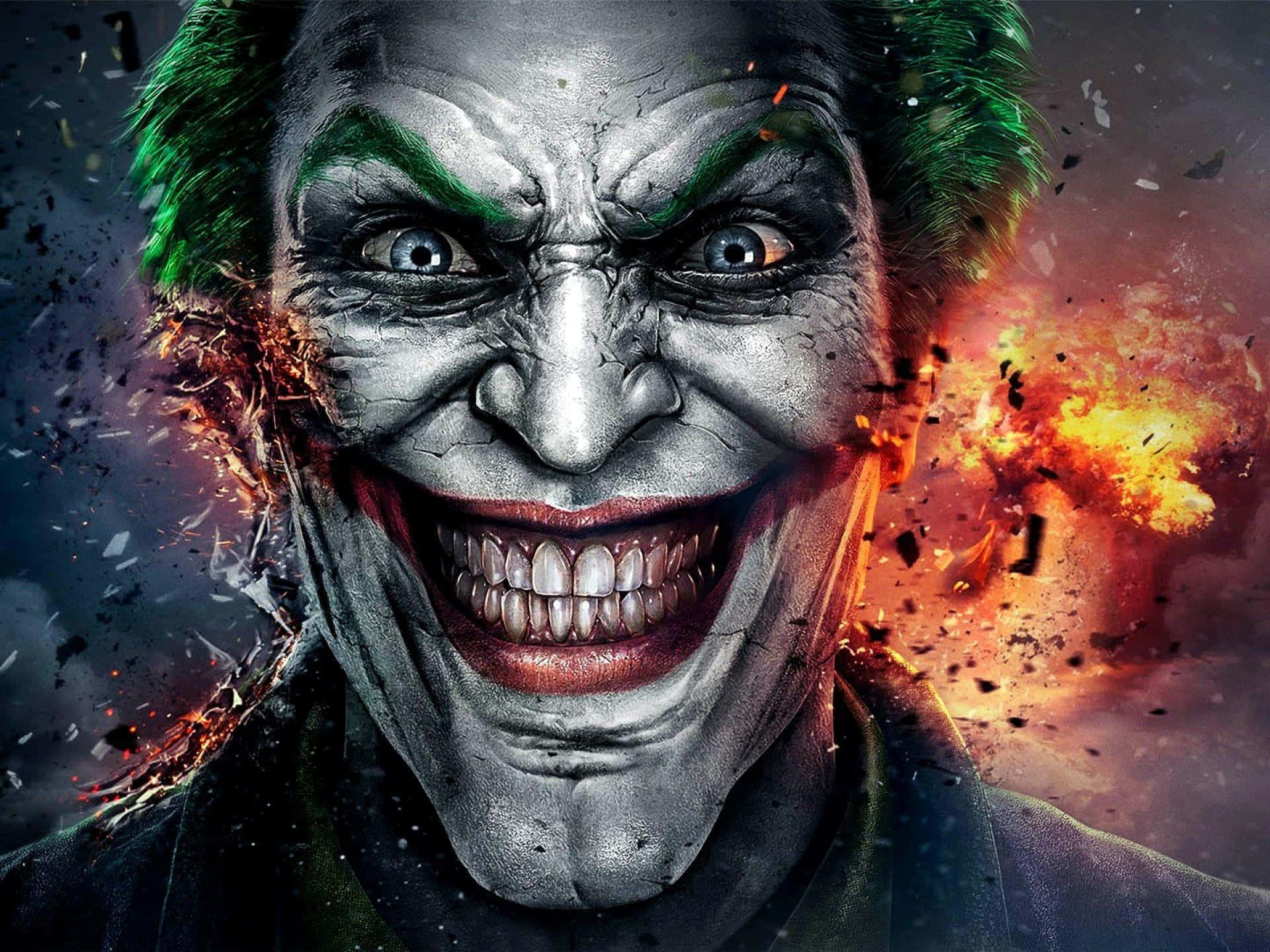 Joker Laughing 桌布 壁紙 — 小丑的威脅性特寫，綠色頭髮，咧嘴大笑，身後爆炸四起。