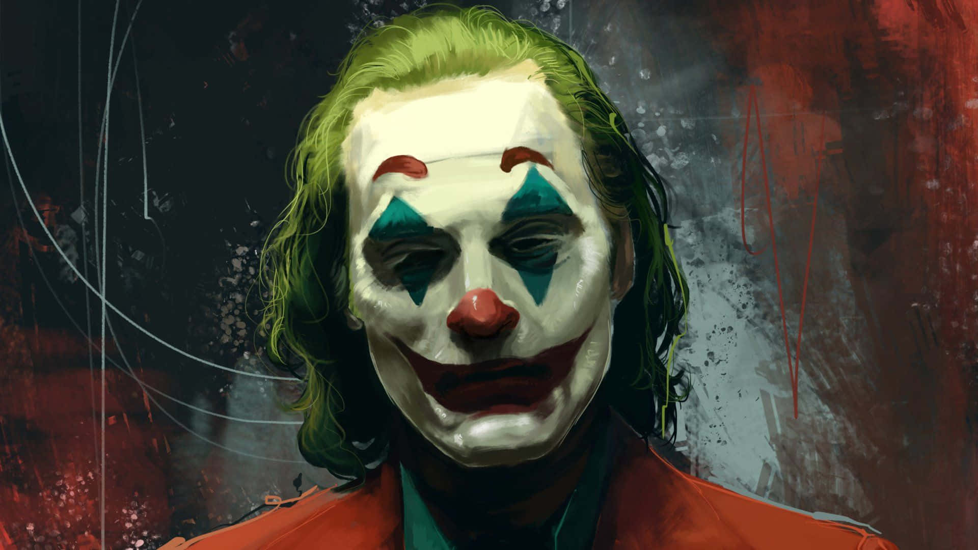 Joker Painting 桌布 壁紙 — 小丑的威脅性特寫，綠色頭髮和塗抹的小丑妝容，背景是混亂的紅色和灰色。