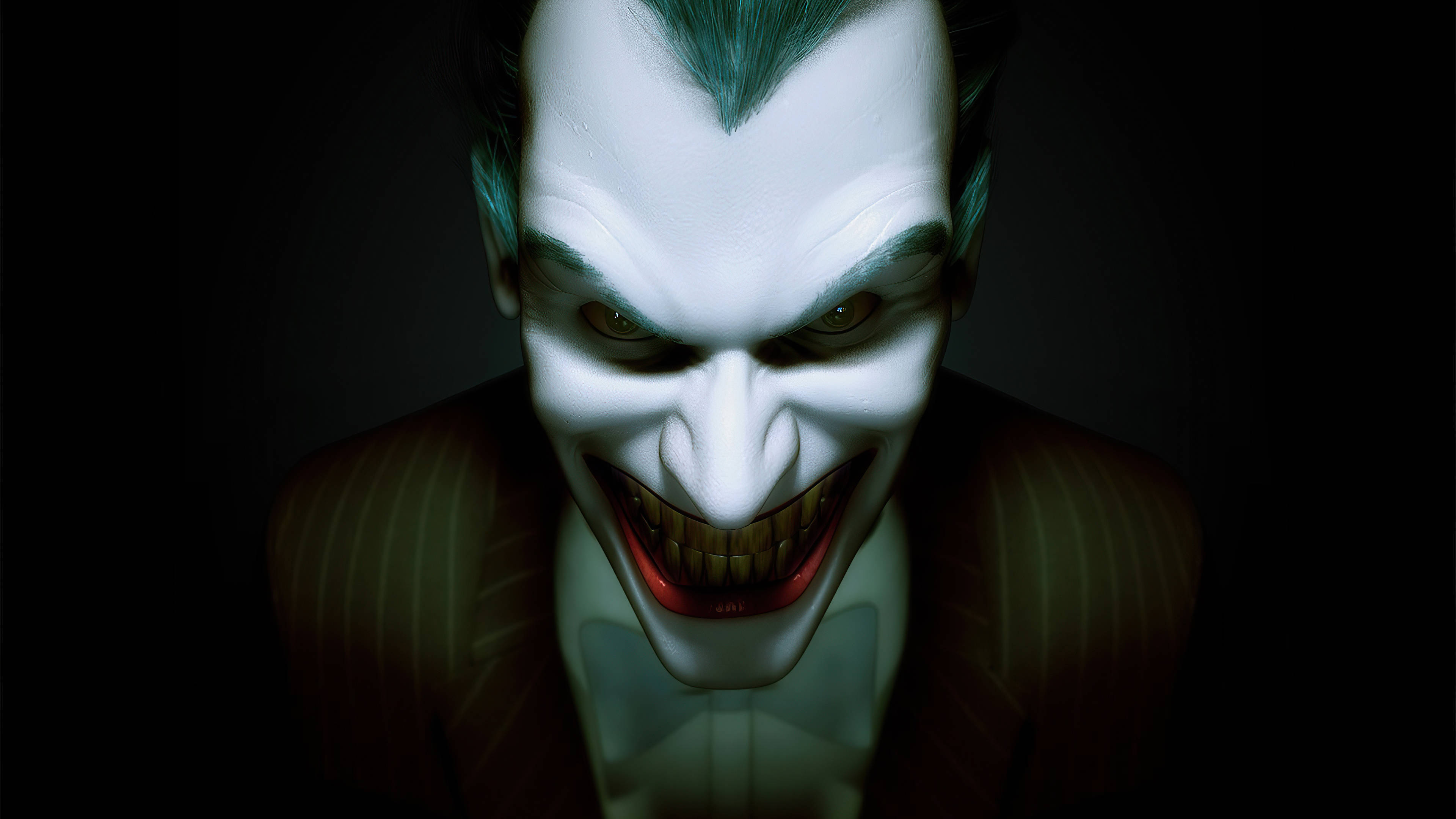 Joker Laughing 桌布 壁紙 — 小丑的特寫，白臉綠髮，在黑暗背景下露出邪惡的笑容。