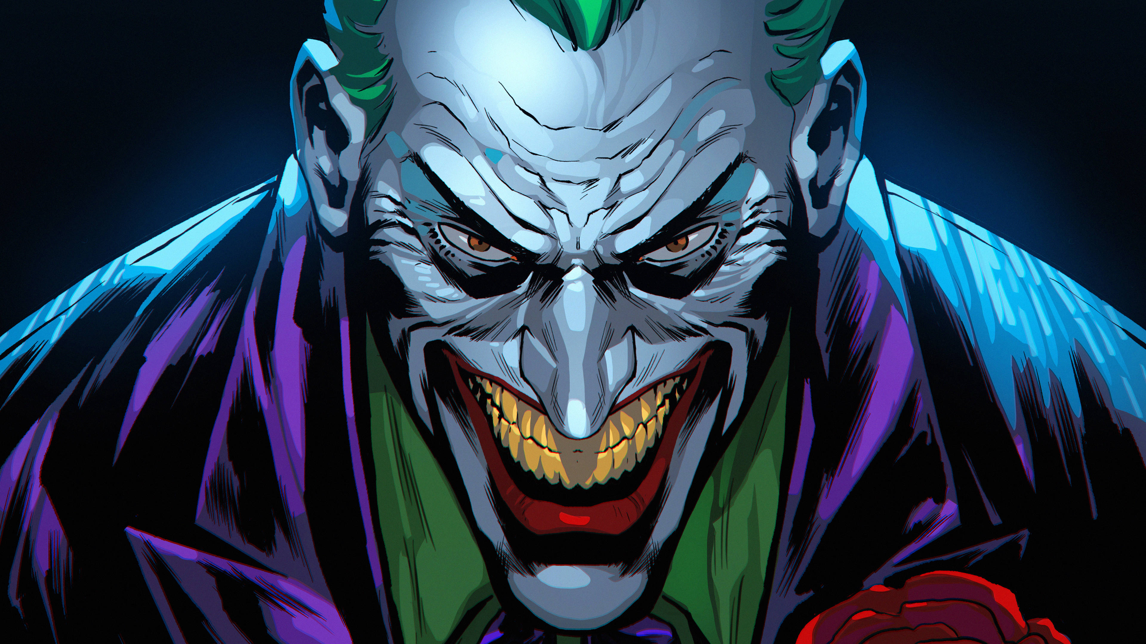 evil smile 桌布 壁紙 — 小丑的近距離特寫，咧嘴大笑，眼睛發光，背景陰暗，充滿威脅感。
