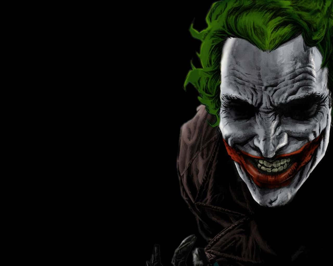 Joker Art 桌布 壁紙 — 小丑的近距離特寫，帶有狂野的綠色頭髮和寬闊的紅色笑容，背景為黑色。