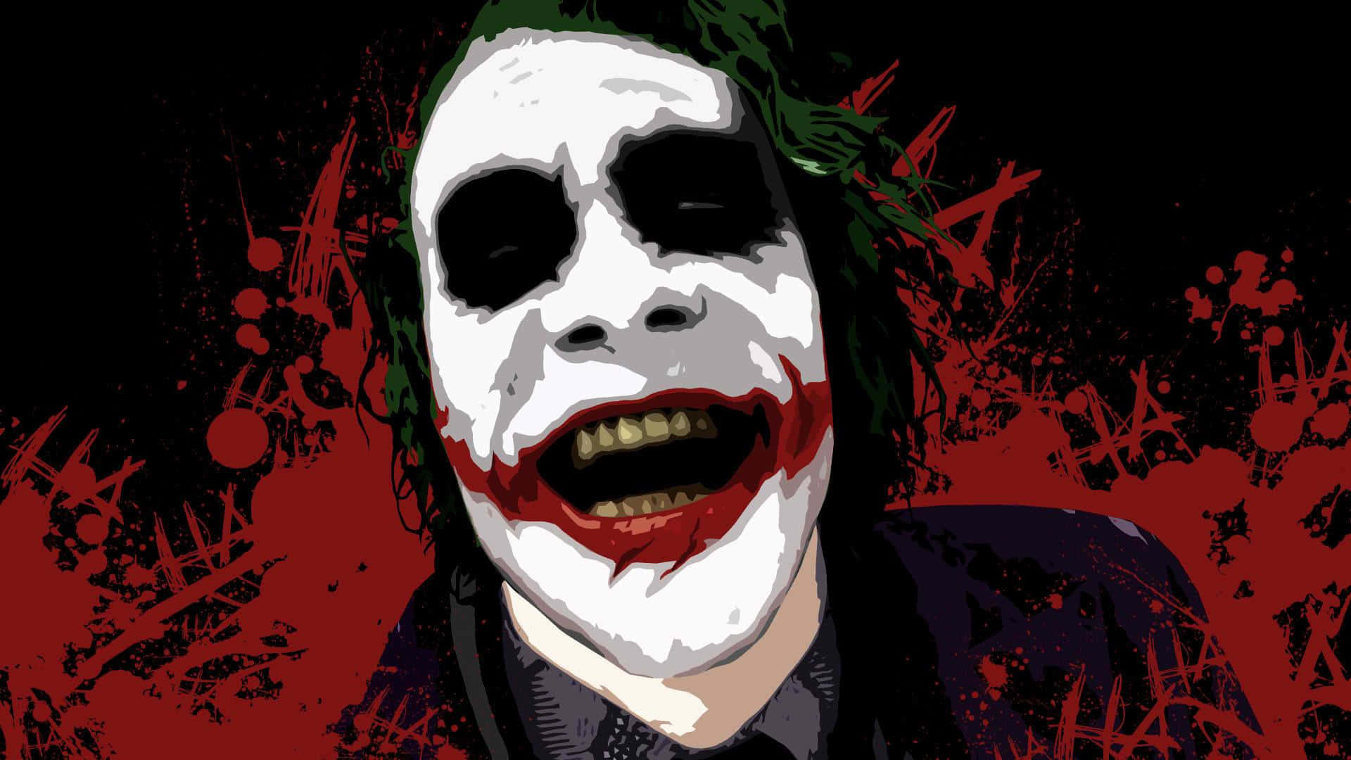 Joker Laughing 桌布 壁紙 — 小丑的風格化數碼肖像，白色臉龐、黑色眼睛、紅色嘴唇和綠色頭髮，背景為深紅色潑濺。