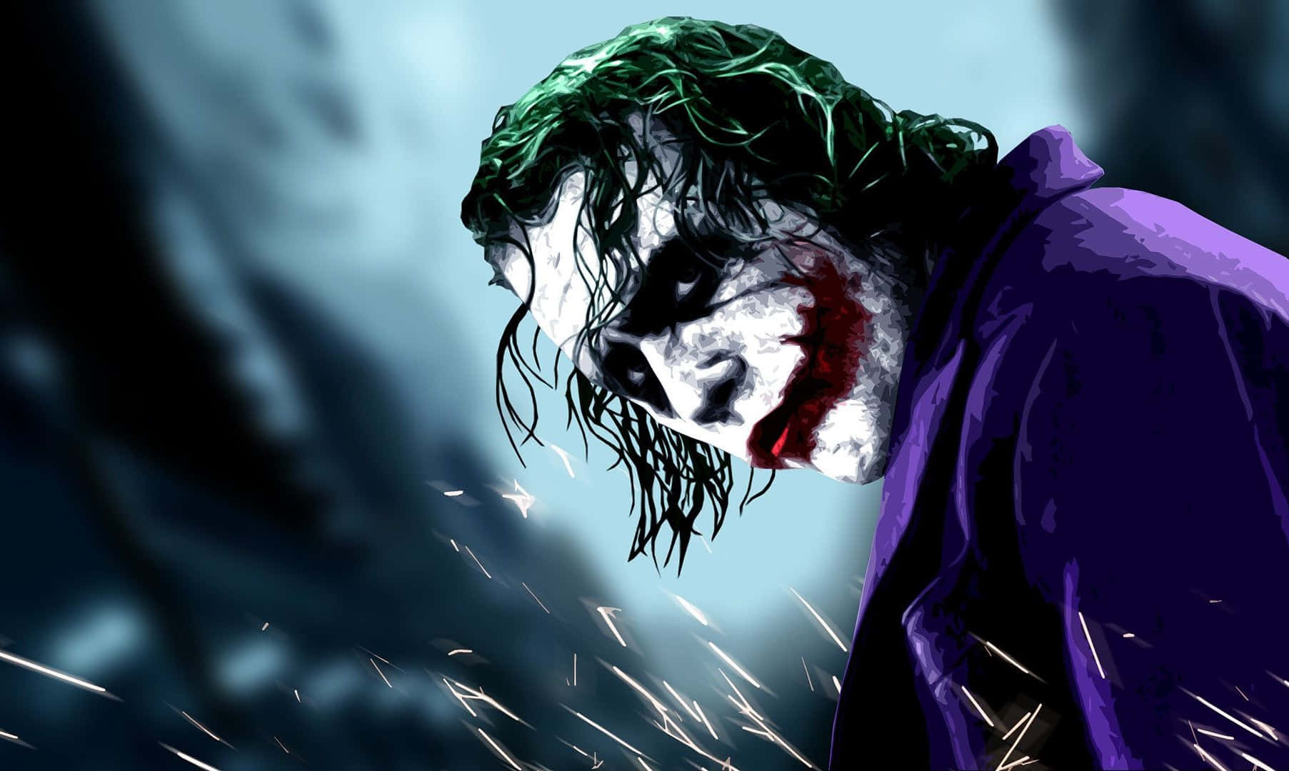 Evil Joker 桌布 壁紙 — 小丑的風格化數碼肖像，綠色頭髮、白色臉龐、紅色嘴唇和紫色外套，背景陰暗風暴。