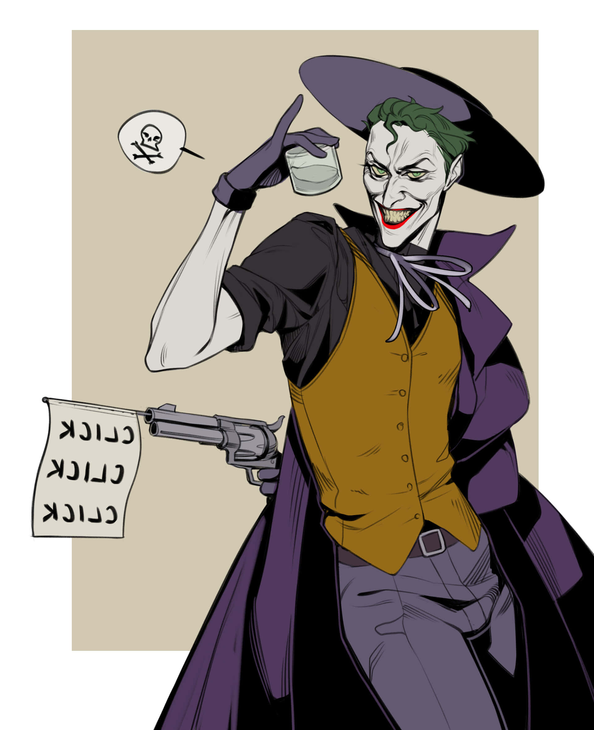 Batman The Killing Joke 桌布 壁紙 — 小丑穿著紫色外套和帽子，手持玻璃杯和左輪手槍，帶有骷髏對話框和「點擊」橫幅。