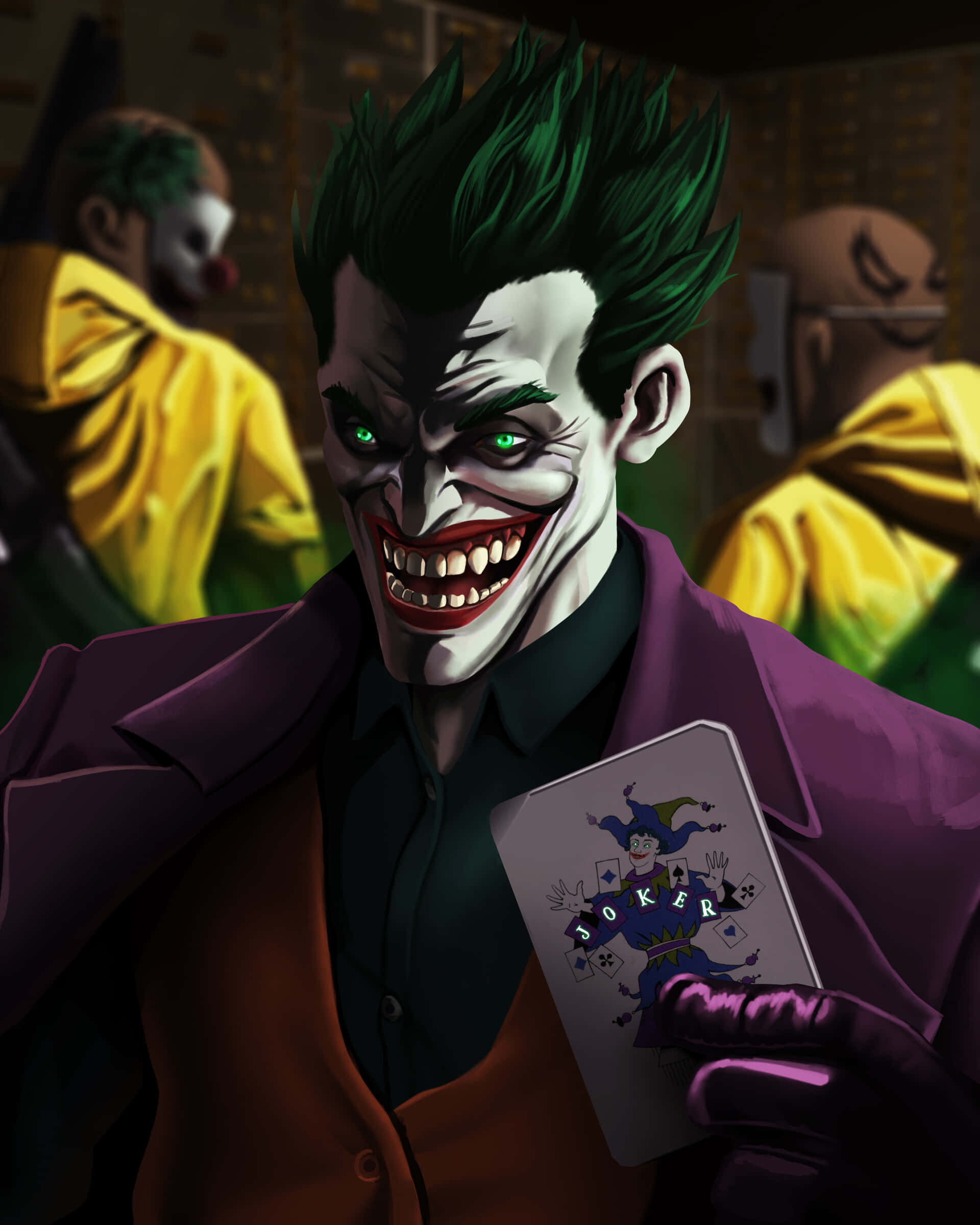 Joker Laughing 桌布 壁紙 — 小丑穿著紫色西裝，綠色頭髮，眼睛發光，拿著小丑牌，瘋狂地咧嘴笑。