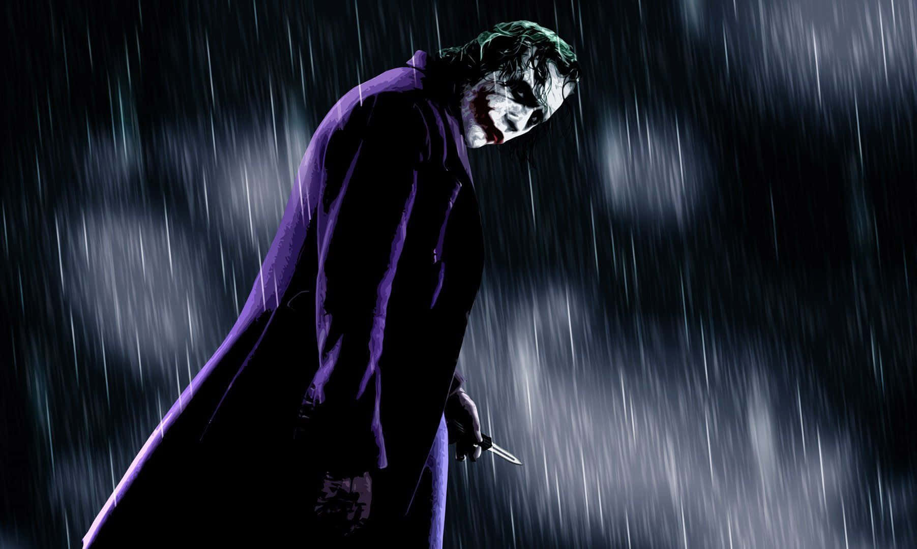 Joker Art 桌布 壁紙 — 小丑站在傾盆大雨中，紫色外套飄揚，手持一把刀，雨水劃過陰暗憂鬱的天空。