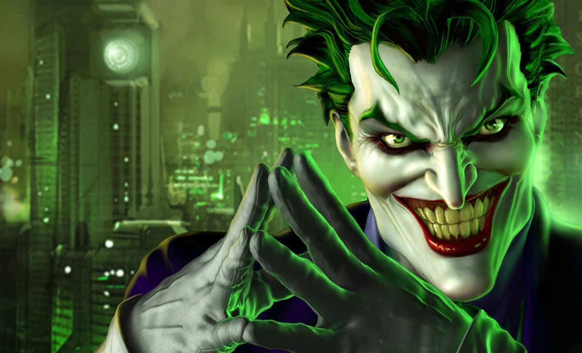 Evil Joker 桌布 壁紙 — 小丑綠髮戴手套，在霓虹燈閃爍的高譚市景中狂笑。