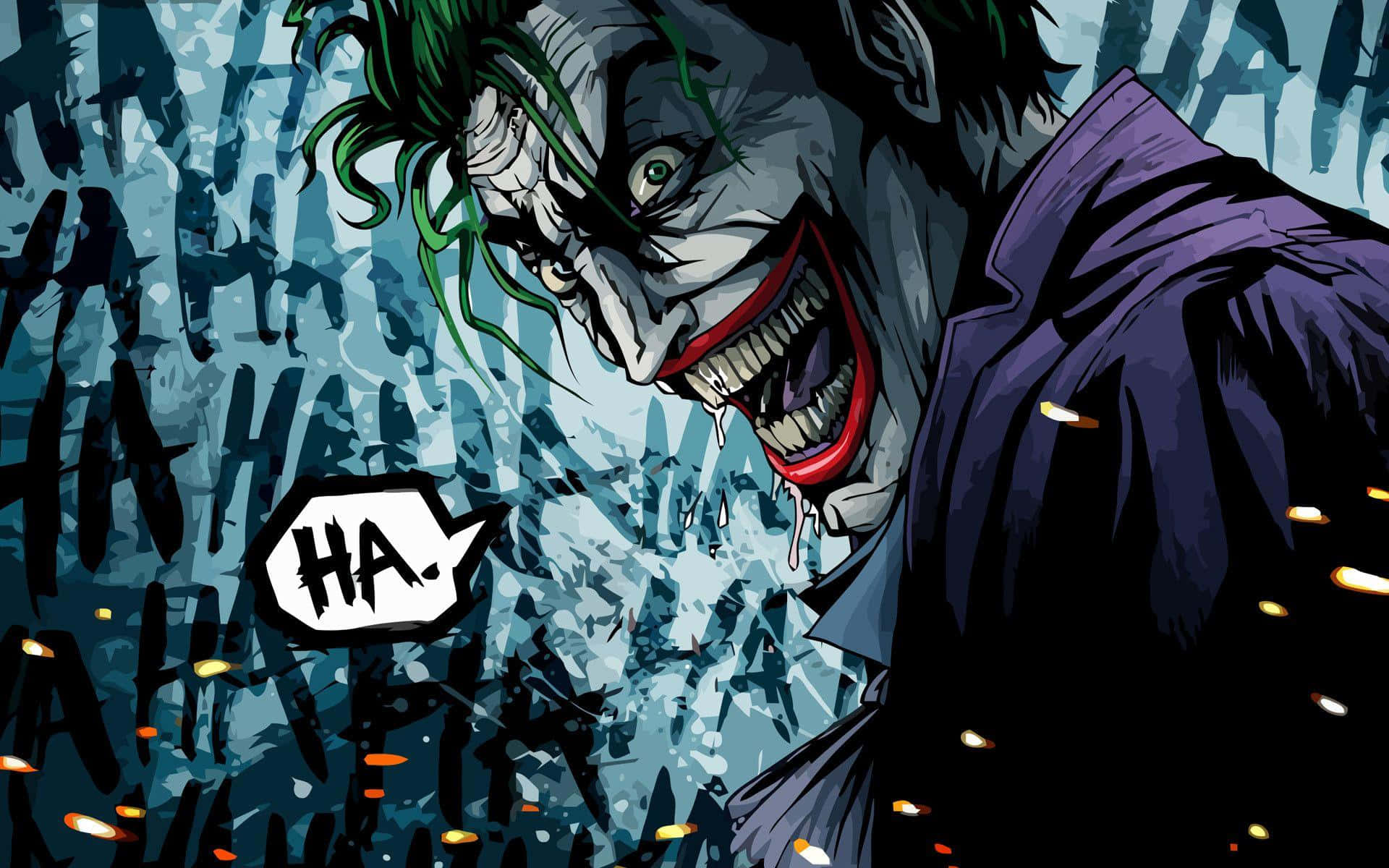 Villain 桌布 壁紙 — 小丑綠髮紫衣，在充滿重複「HA」文字的混亂藍色背景前狂笑。