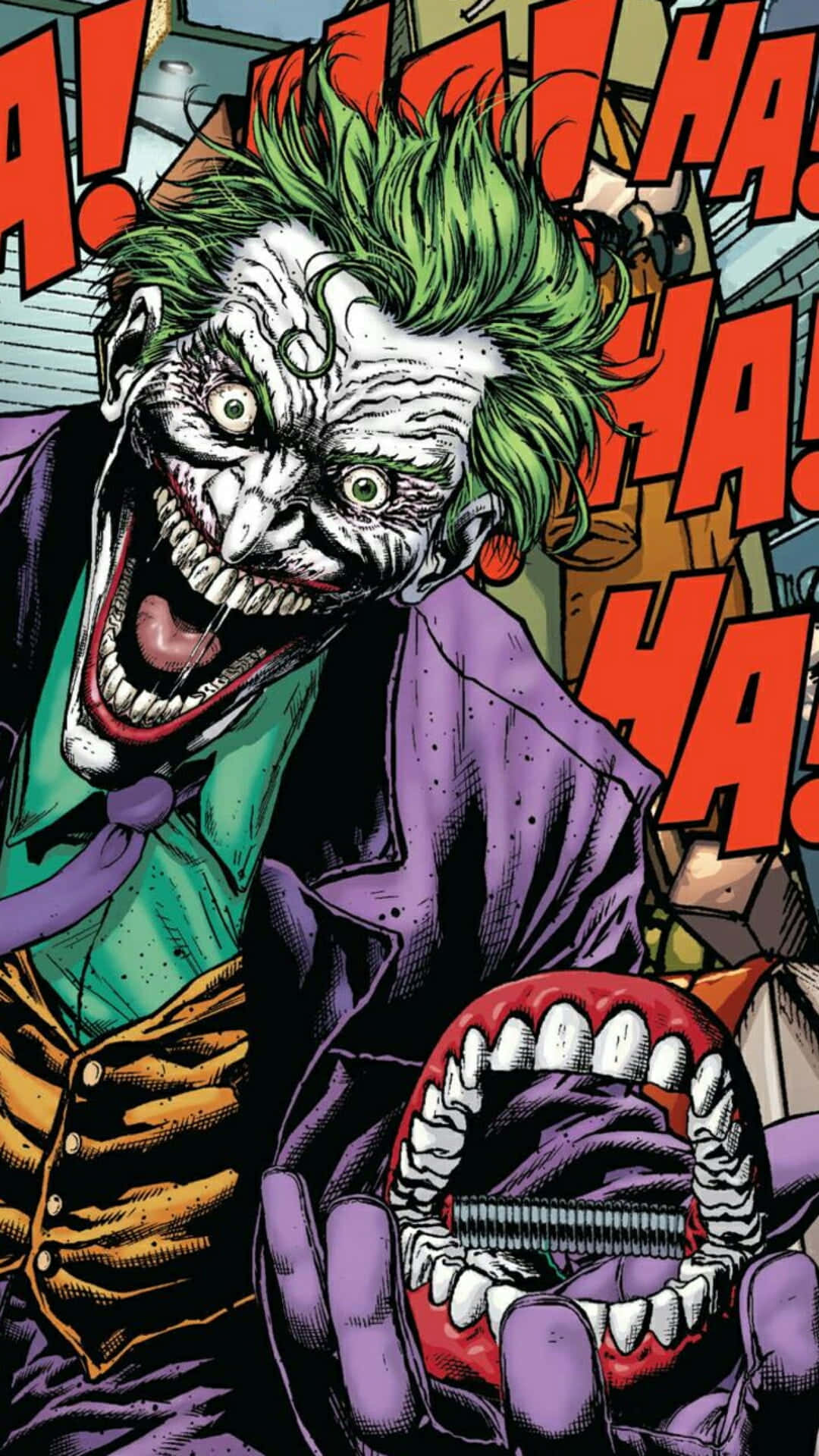 Joker Laughing 桌布 壁紙 — 小丑綠髮紫西裝，狂笑著手持一個巨大的咧嘴嘴巴。