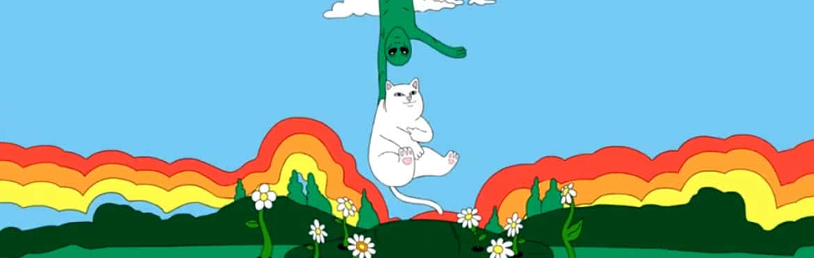 卡通貓掛在外星人的手臂上，懸浮在帶有雛菊的彩虹山上。