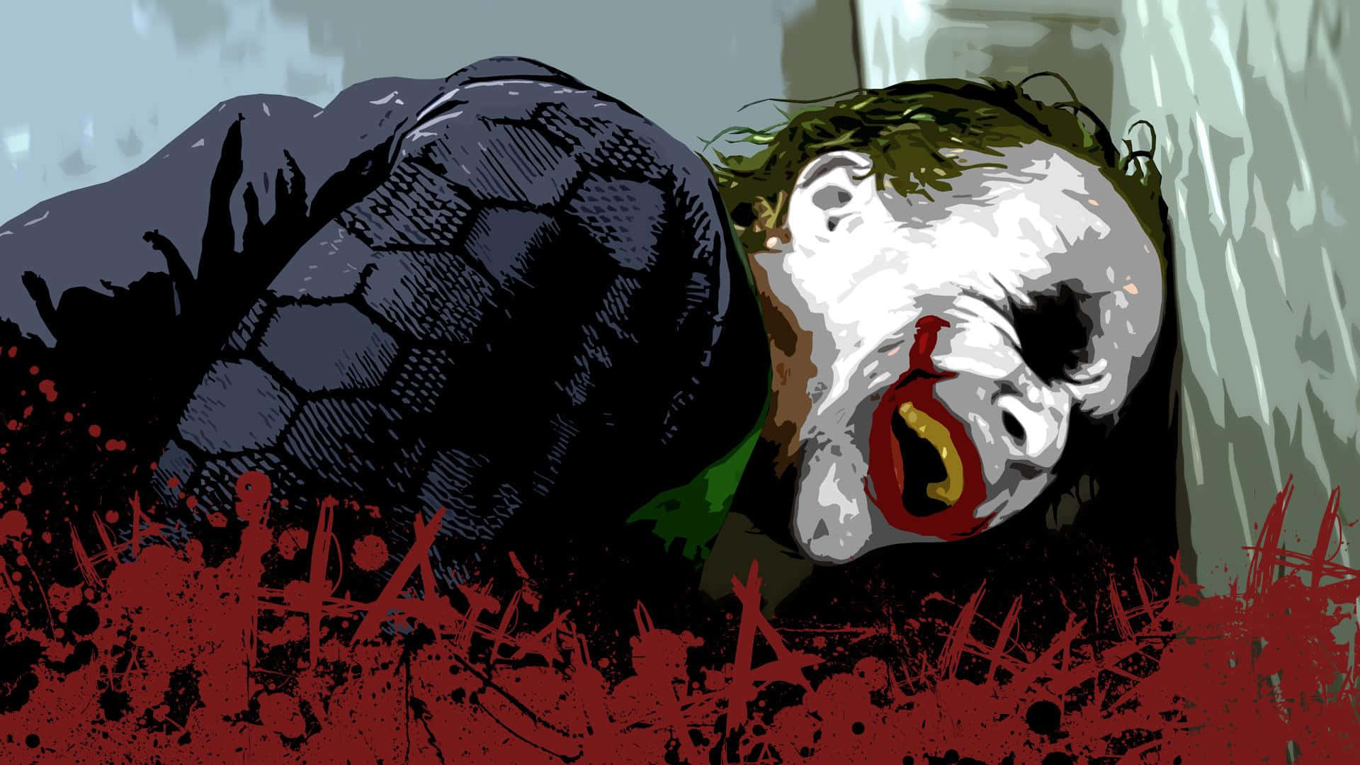 Joker Laughing 桌布 壁紙 — 小丑躺喺紅色濺開嘅地上，表情扭曲，著住深色西裝嘅風格化插圖。