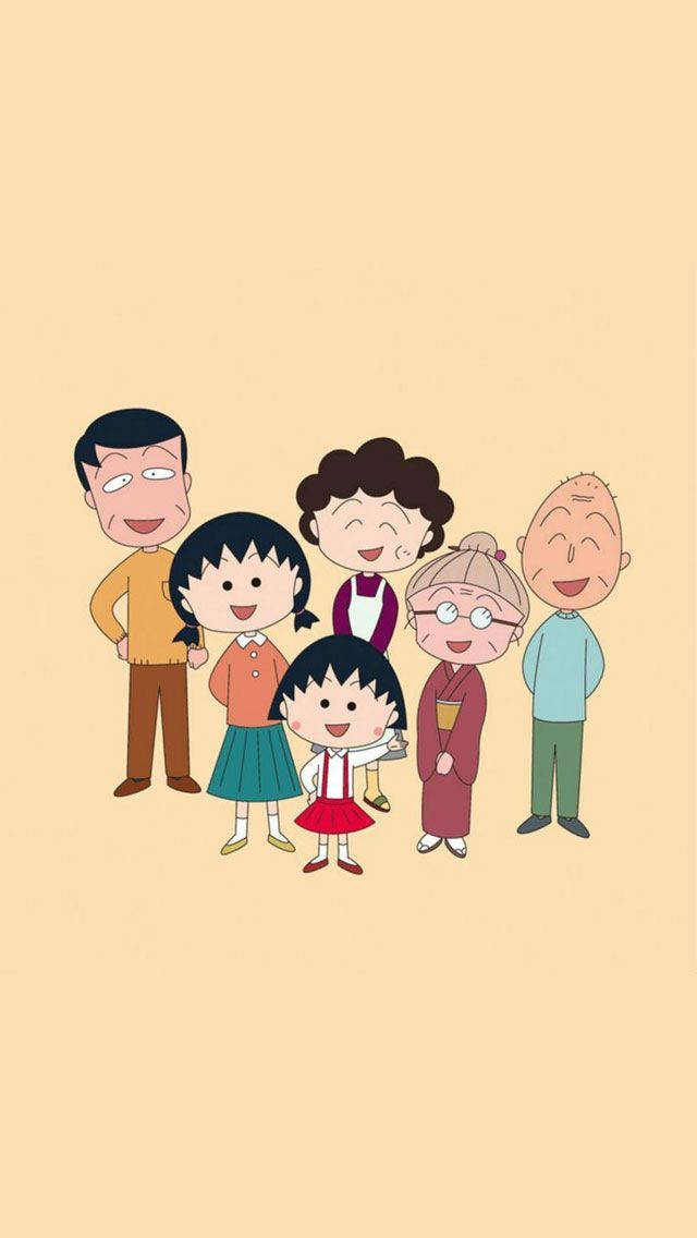 一個微笑的六人卡通家庭，穿著傳統日本服裝。
