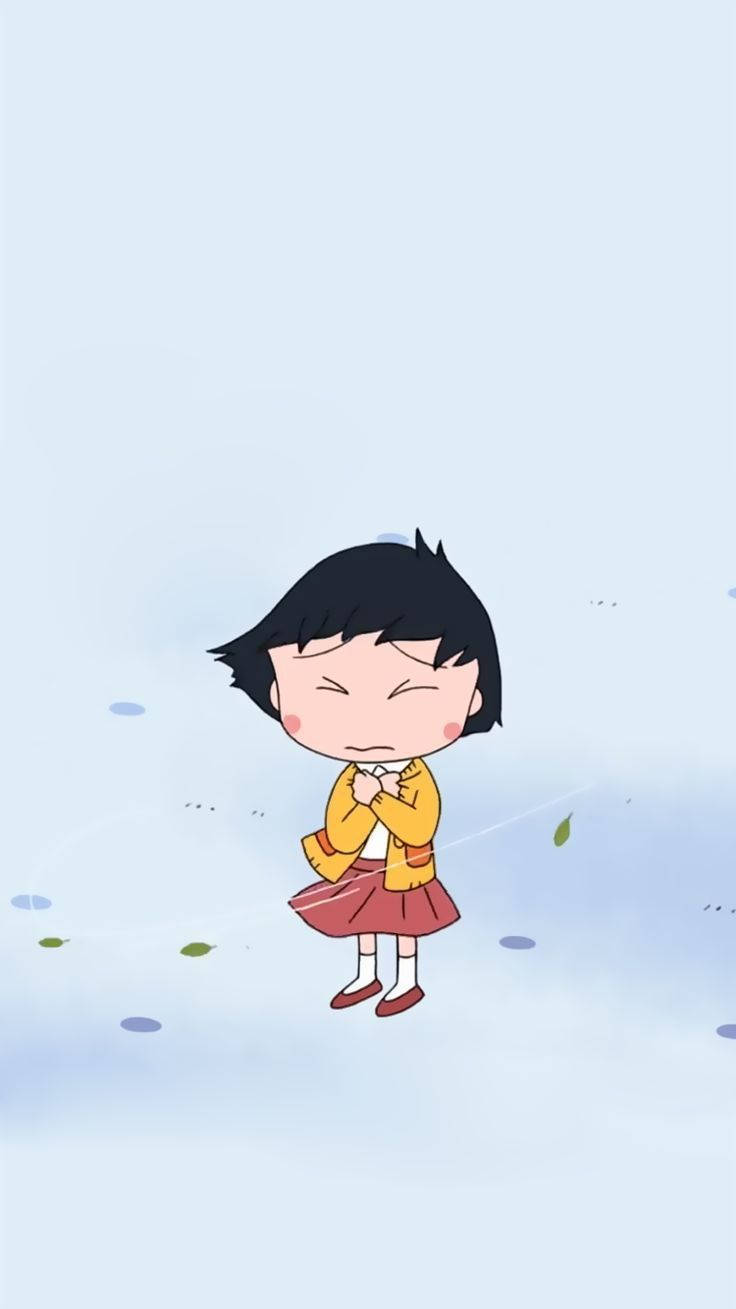 動漫女孩穿著冬衣，周圍有落葉，正在顫抖。