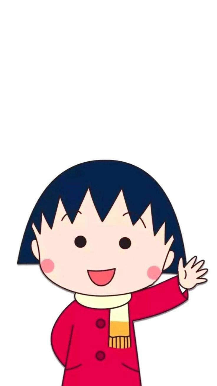 一個微笑的卡通女孩穿著紅色外套和黃色圍巾揮手。