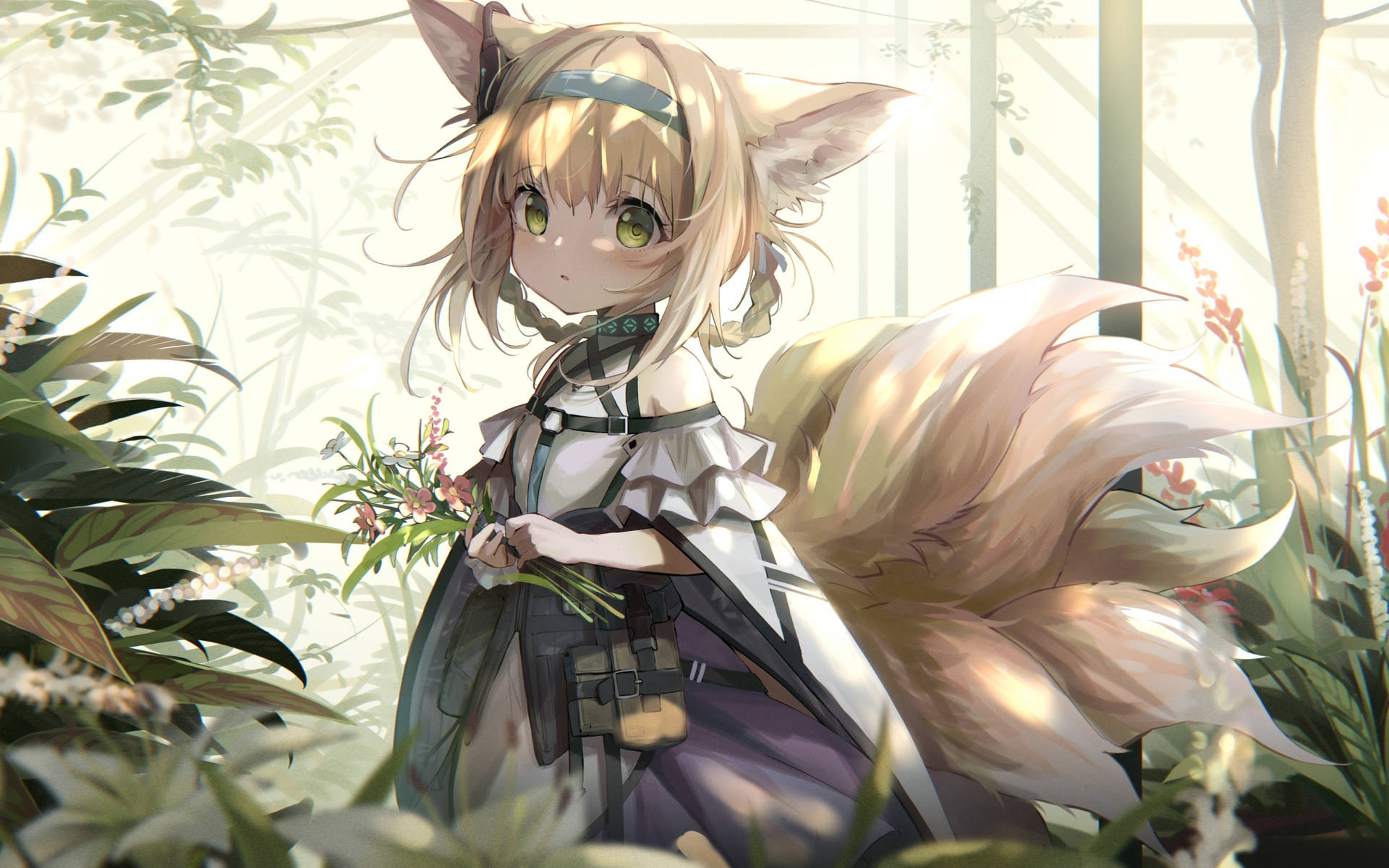 陽光花園中，狐耳動漫少女手持鮮花。
