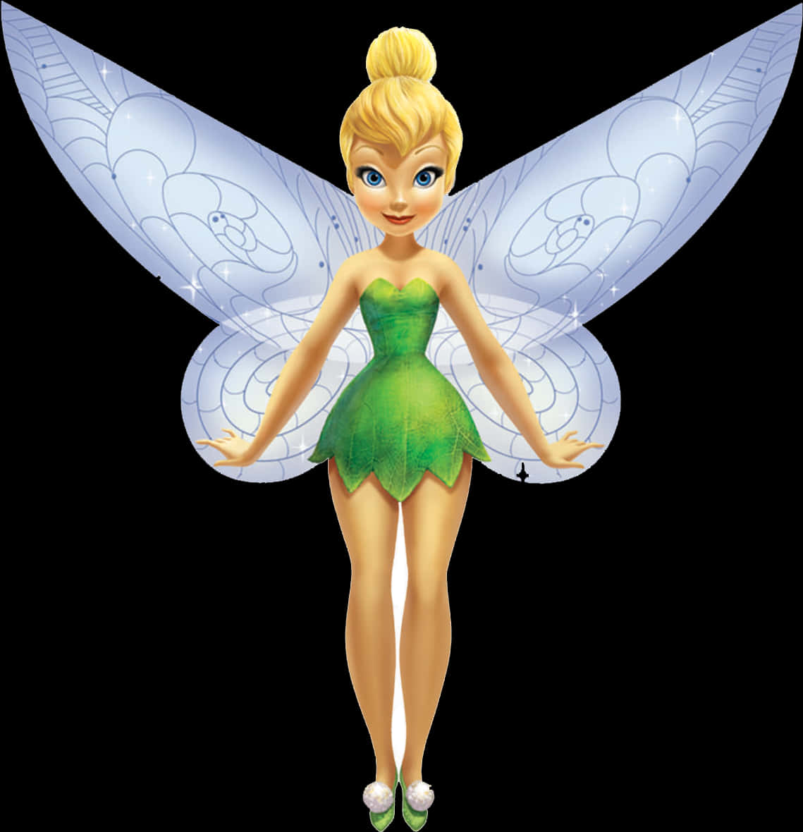 小叮噹經典姿勢 壁紙 — Tinker Bell 優雅地站立，擁有半透明的藍色翅膀和綠色葉子連衣裙，背景為黑色。