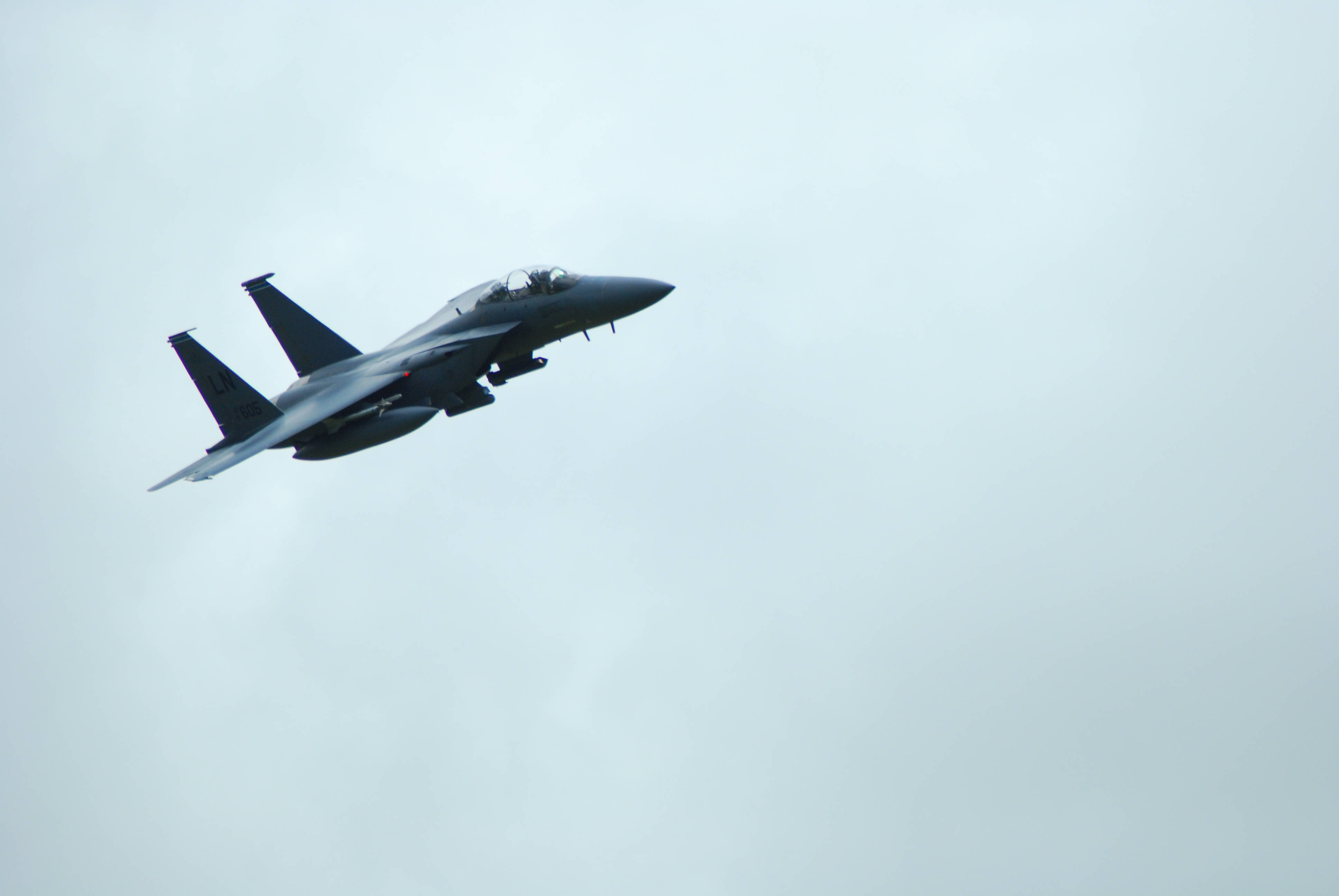 小型黑色飛機 壁紙 — 一架流線型灰色戰鬥機在蒼白的陰天中翱翔，起落架已放下。