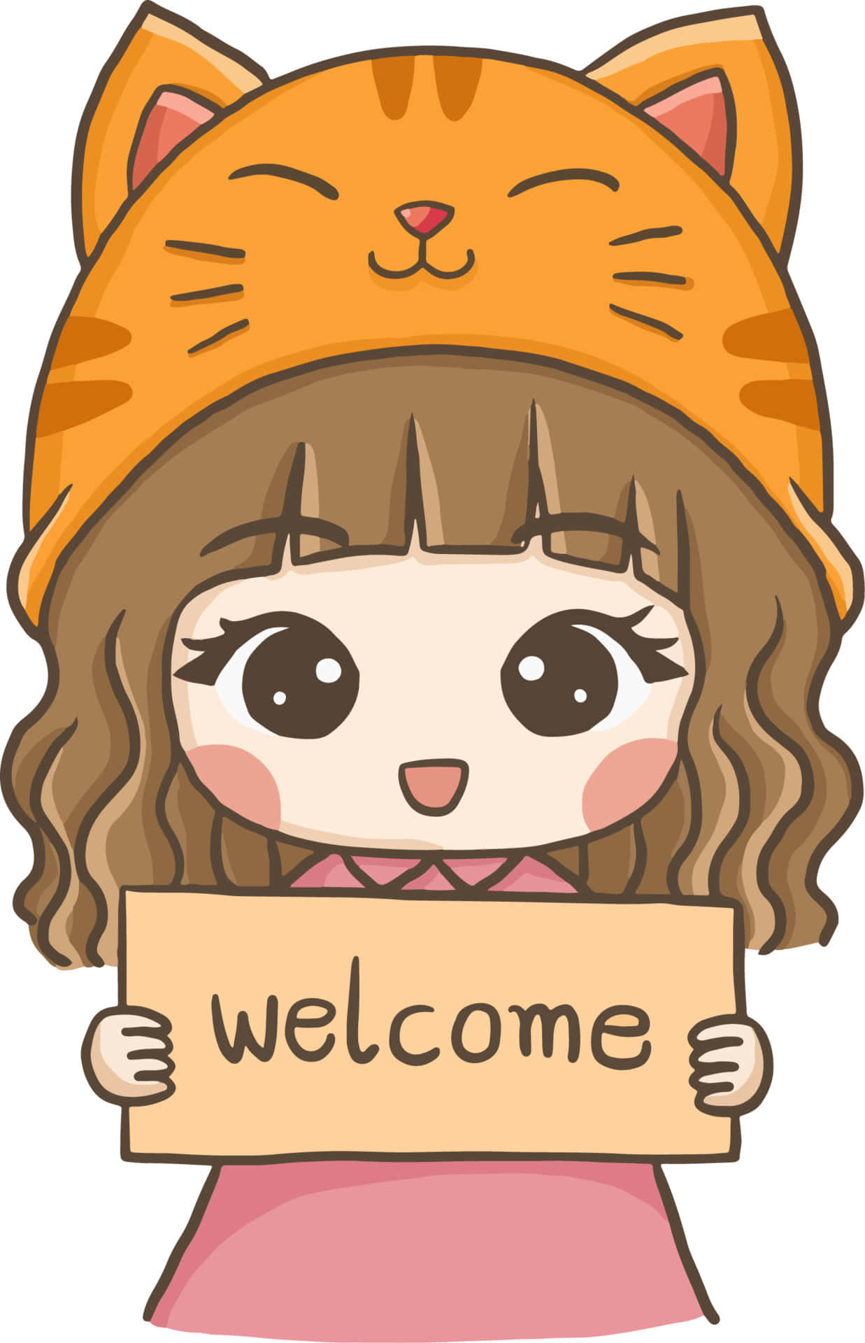 小女孩吹蒲公英 壁紙 — 一個開心的卡通女孩，棕色頭髮，戴著橙色貓帽，拿著歡迎牌，有大眼睛和玫瑰色臉頰。