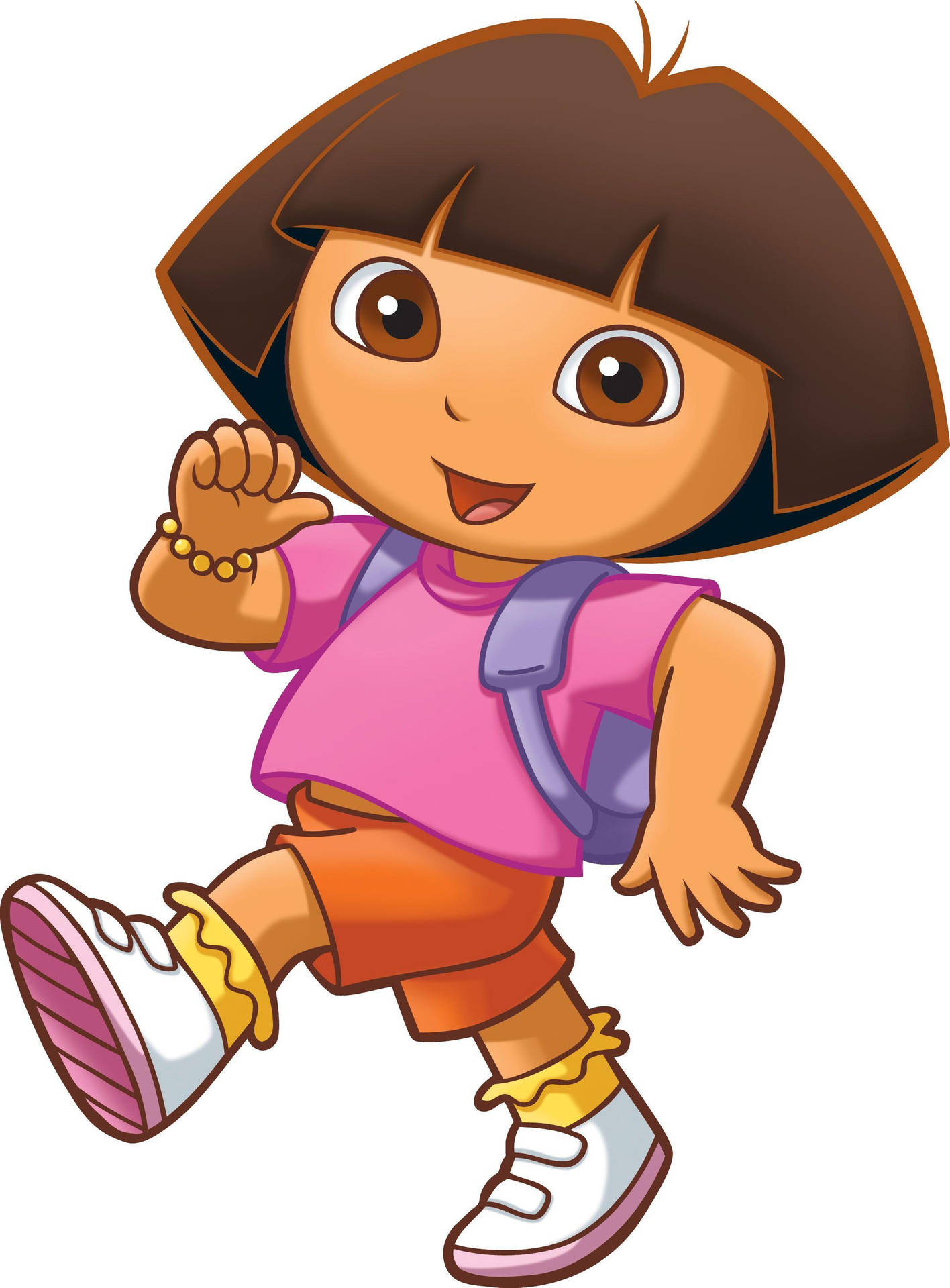 卡通女孩，棕色頭髮，紫色背包，奔跑並揮手。