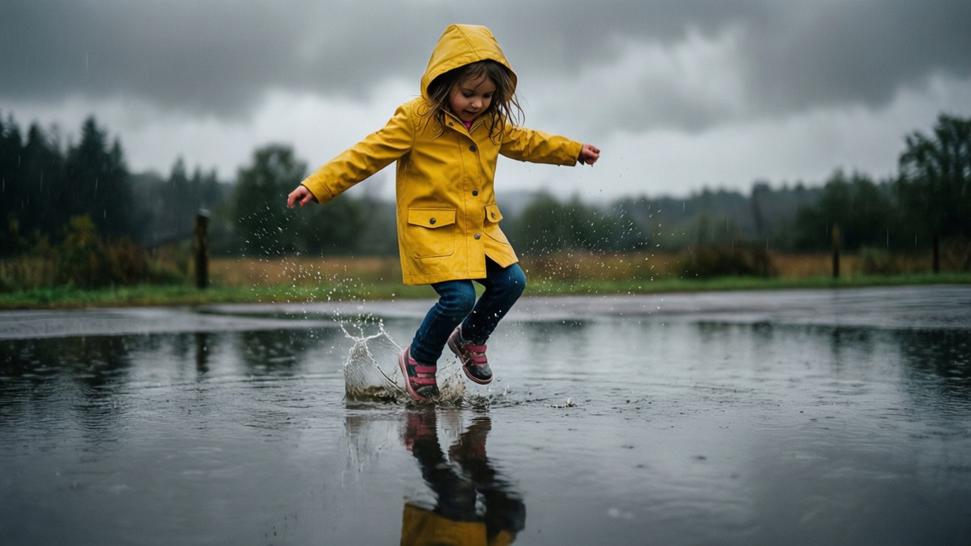 小女孩跳水坑 壁紙 — 一個穿著亮黃色雨衣的孩子在灰色暴風雨的天空下快樂地跳過水坑，濺起水花。