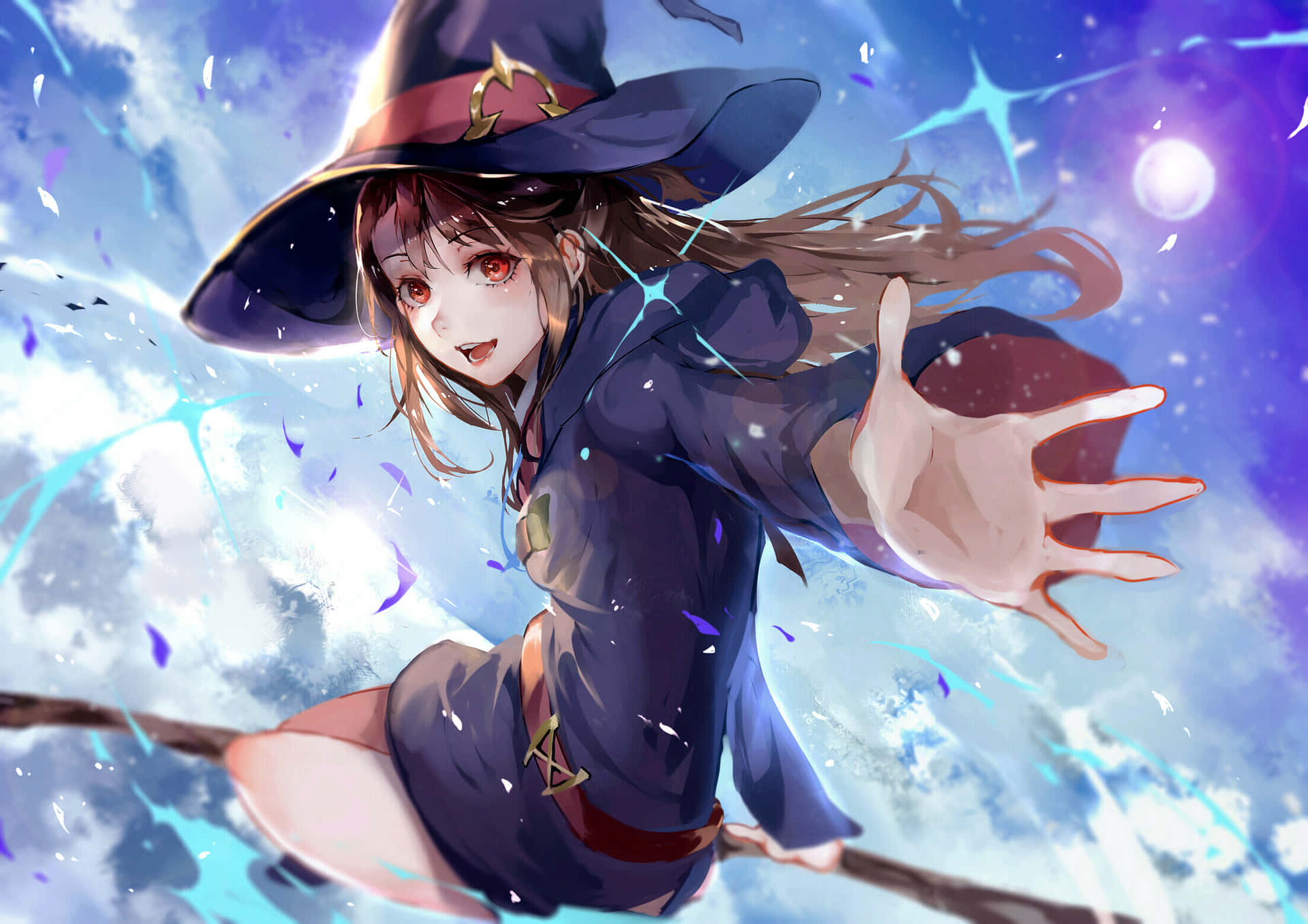 動漫女巫騎掃帚飛行，在彩色天空中施展藍色魔法