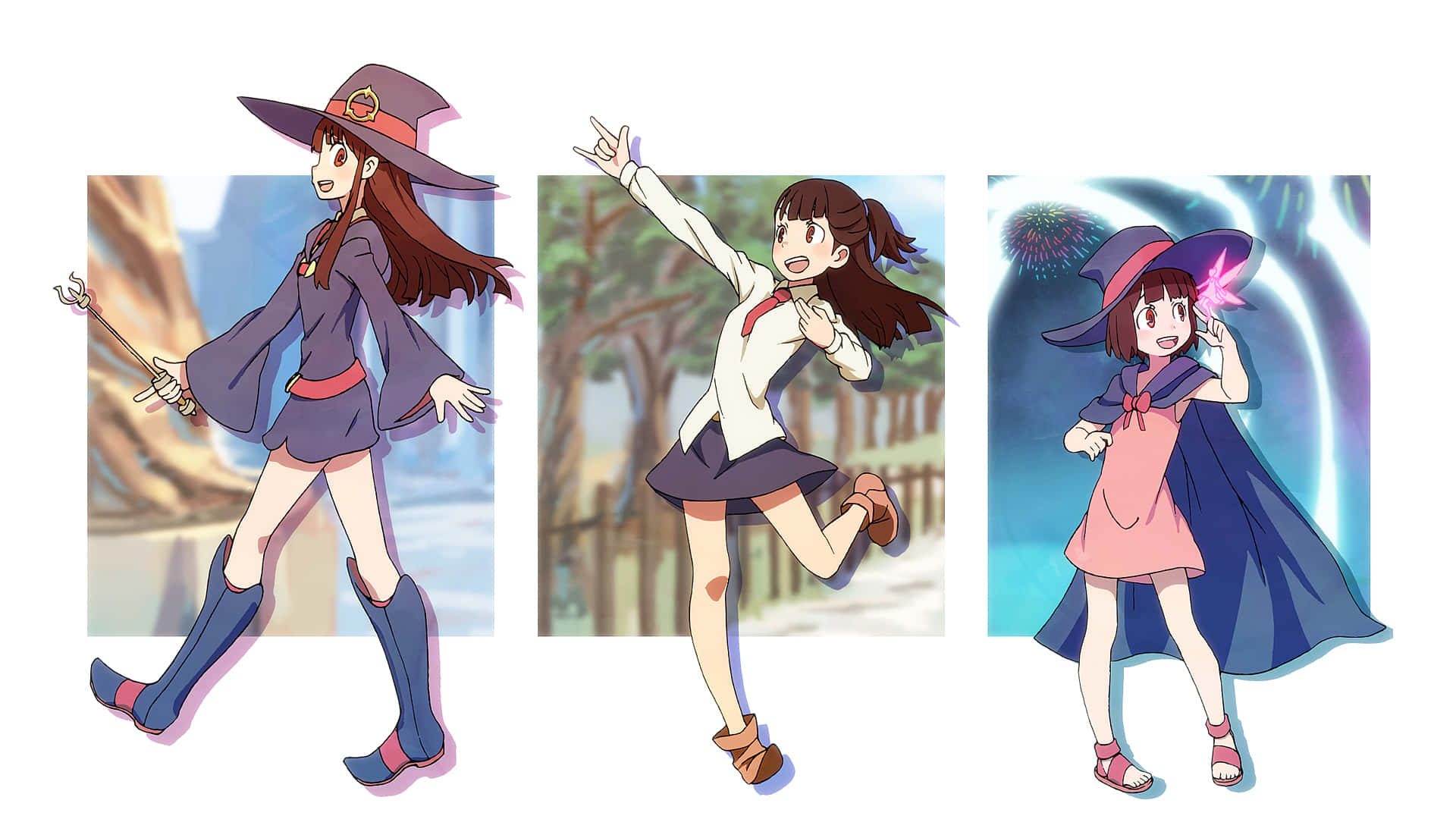 小女巫學園 Atsuko 三幅人生階段插畫 壁紙 — 三個穿著女巫服裝的動漫女孩在色彩繽紛的背景前動態擺姿勢，帶有魔法效果。