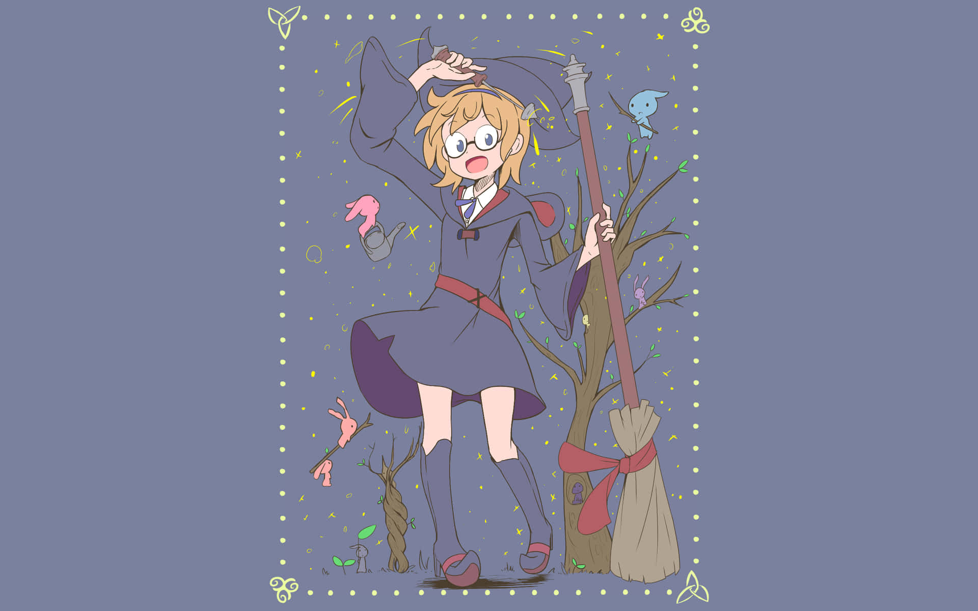 睜大眼睛的動漫女巫，被魔法生物包圍，手持帽子和掃帚。