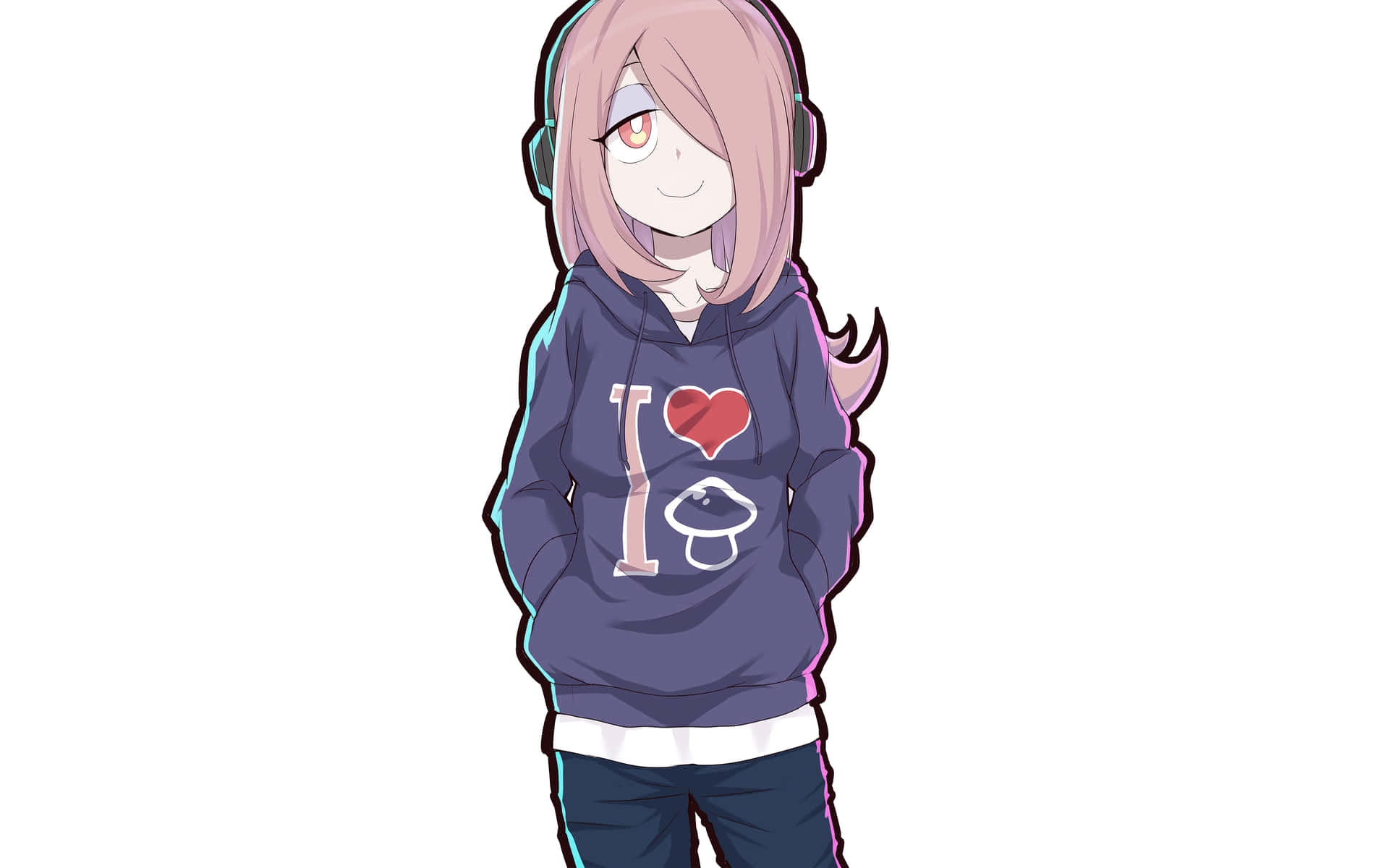 小女巫學園 Sucy 戴耳機插畫 壁紙 — 粉紅色頭髮、戴耳機的動漫女孩，穿著帶有心形和蘑菇圖案的連帽衫，背景為白色。