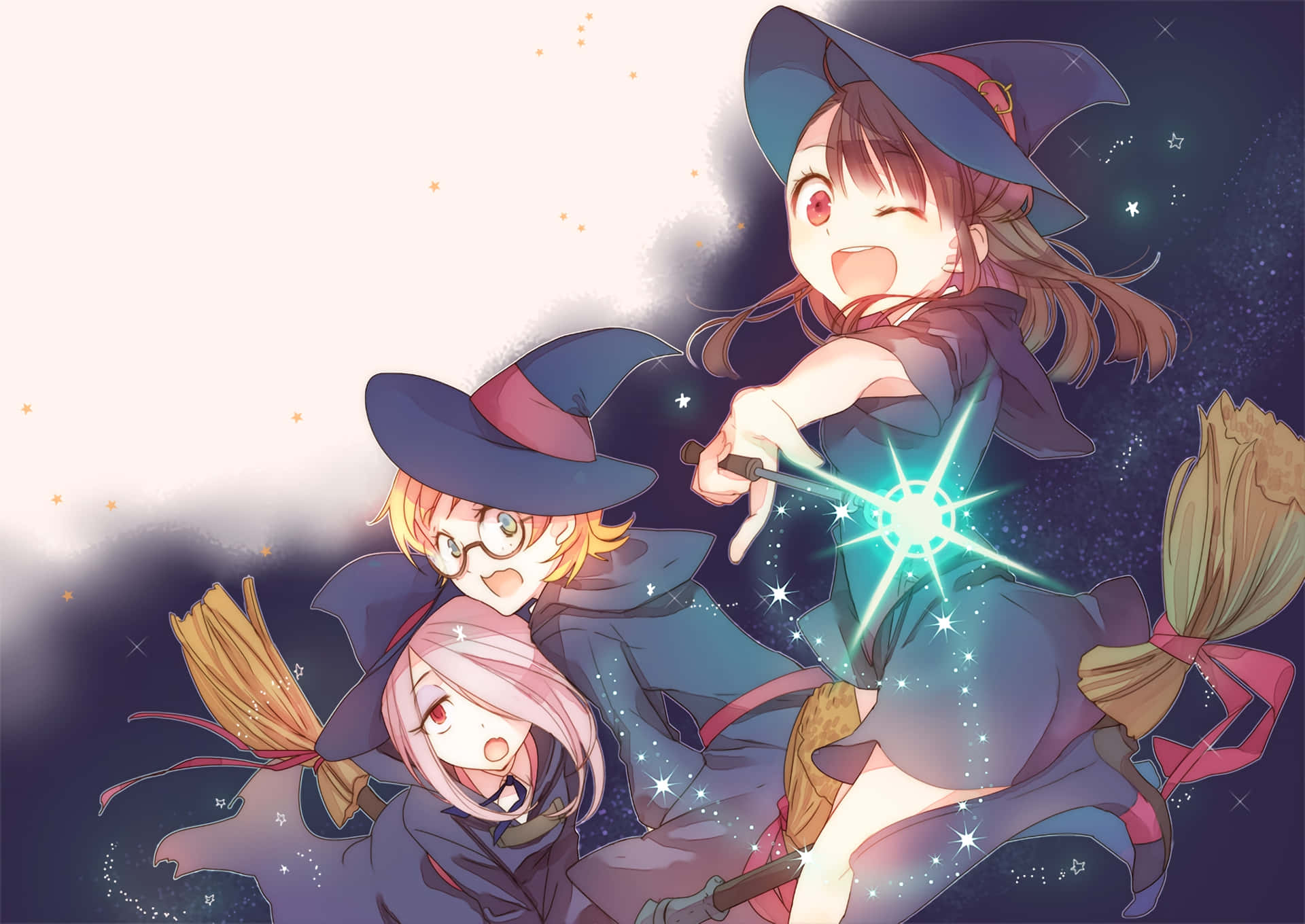 三個動畫女巫騎著掃帚在星空夜空中施放魔法。