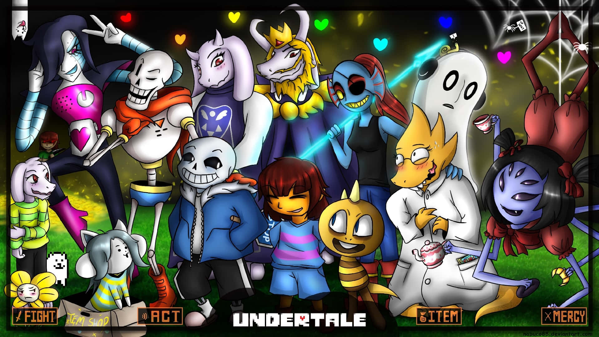 Undertale角色聚集在色彩繽紛的遊戲場景中，帶有UI按鈕。