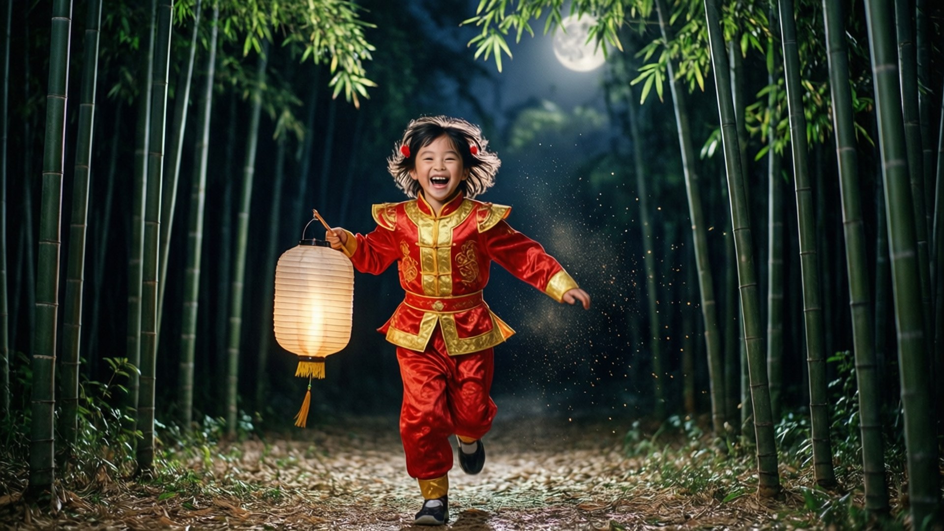 小孩奔跑穿過竹林 壁紙