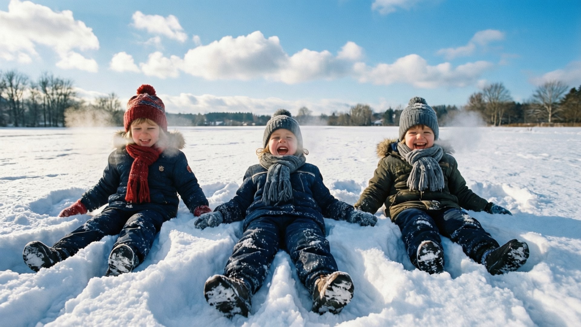 小孩玩雪天使 壁紙 — 三個快樂的孩子穿著冬季裝備，坐在新鮮的雪地上，在明亮的藍天和蓬鬆的雲朵下大笑。