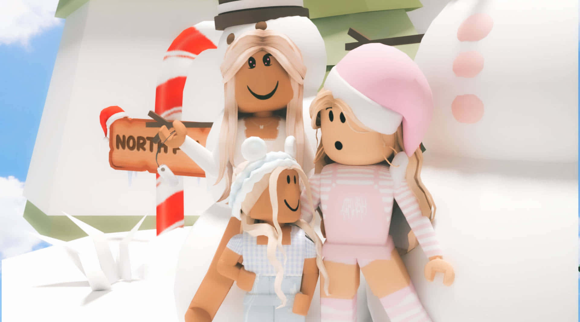 三個微笑的Roblox角色穿著冬季服裝，靠近一個帶有拐杖糖標誌的雪人。