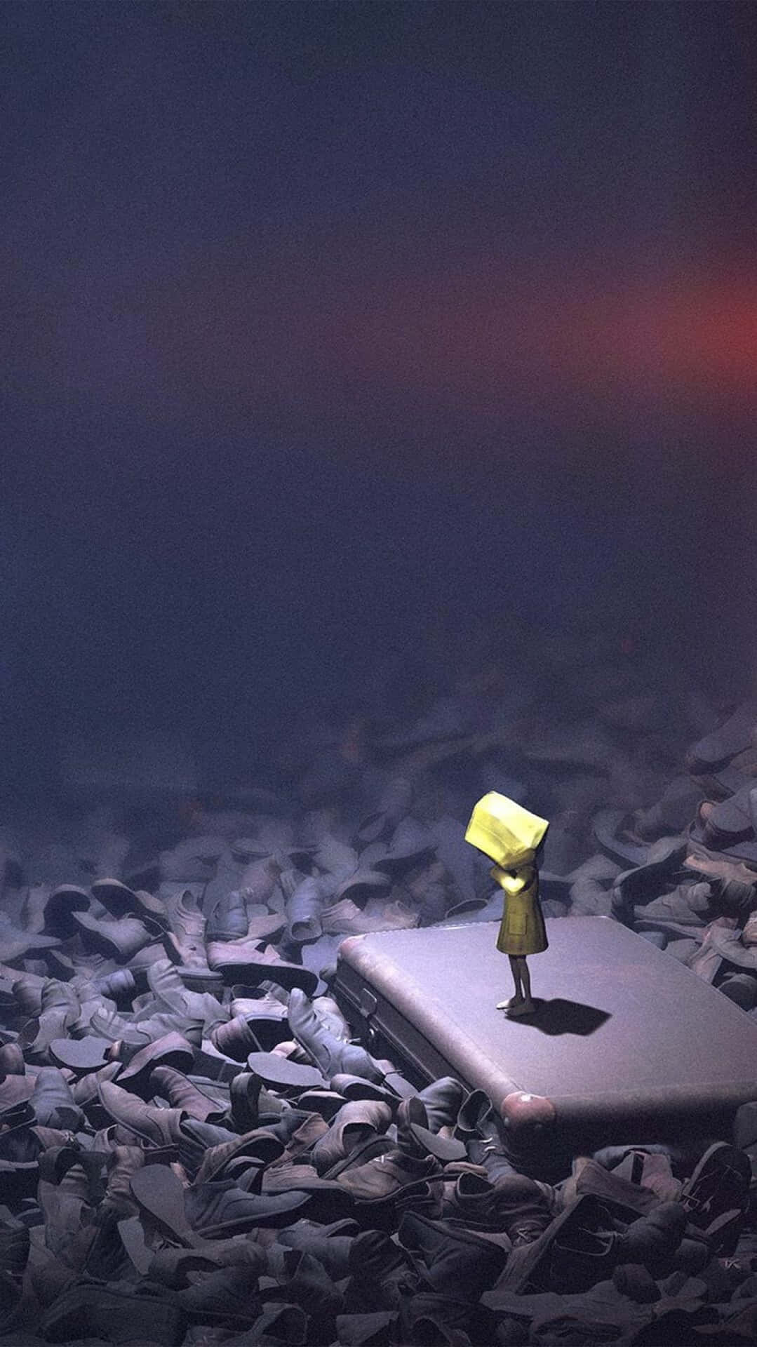 一個黃色小人站在手提箱上，置身於鞋海之中，背景是黑暗的天空。