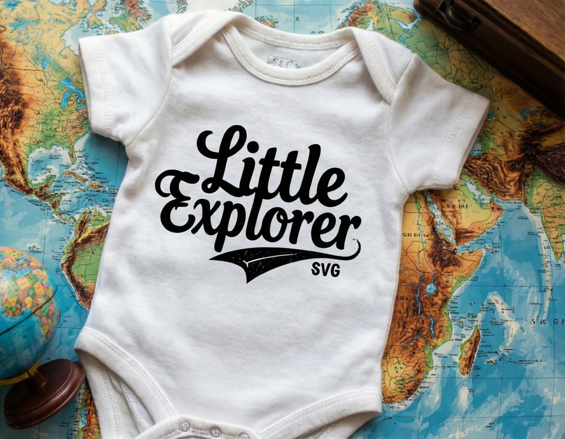白色嬰兒連體衣，上面有「Little Explorer SVG」文字，放在世界地圖上，配有地球儀和手提箱。