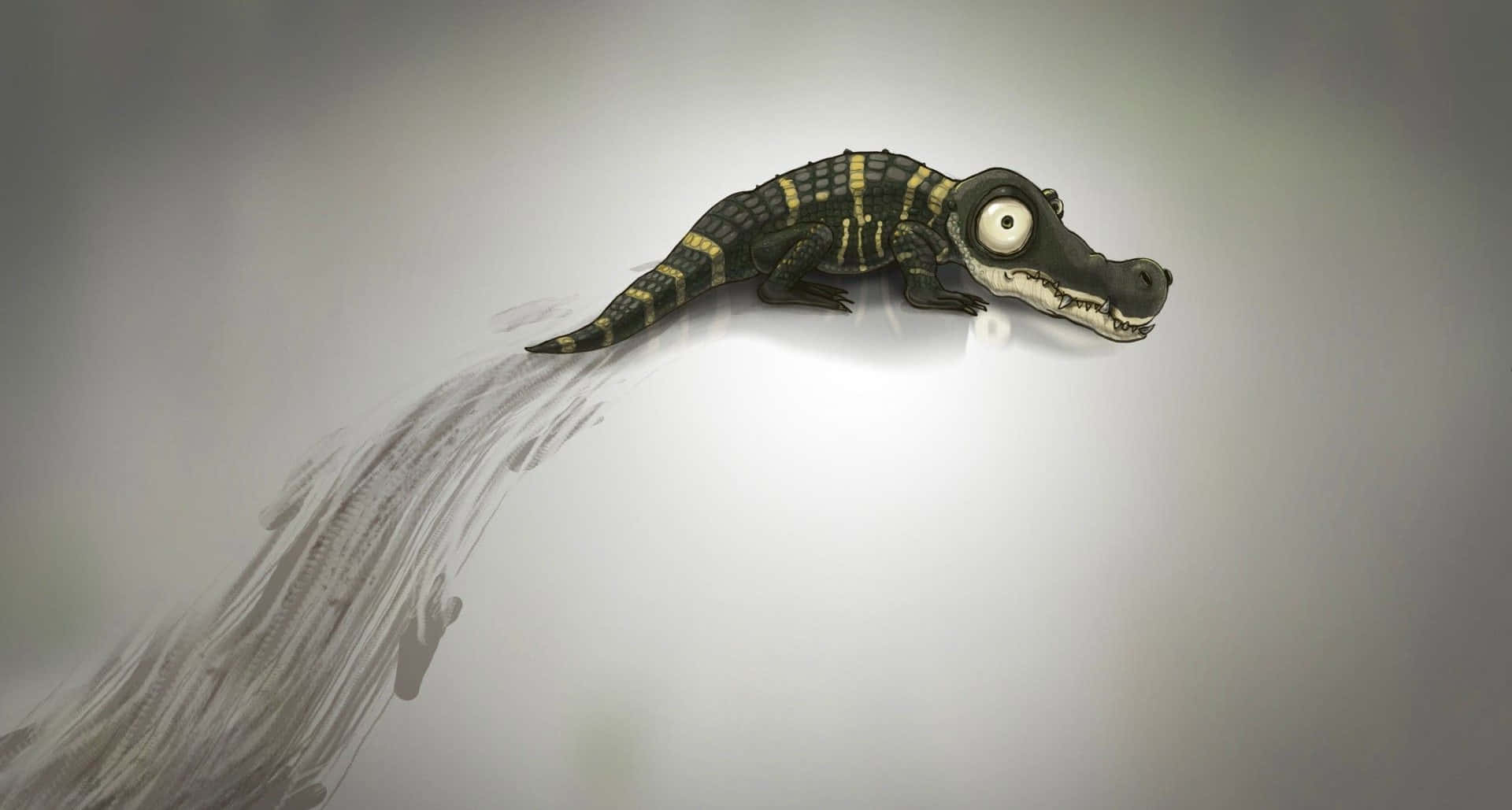 小尺寸繪畫藝術鱷魚圖 壁紙 — 一隻卡通短吻鱷，眼睛大大，帶有黃色條紋，在霧濛濛的灰色空氣中滑行，留下一縷煙霧。