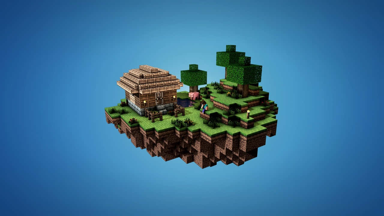漂浮的Minecraft島嶼，有木屋、樹木和豬，背景藍天