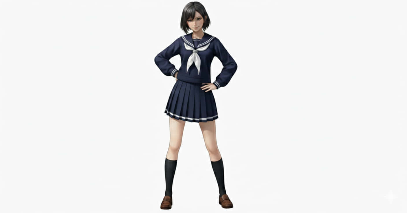小川繪里香角色簡介 壁紙 — 一位穿著海軍藍色白邊水手服的年輕動漫女孩，自信地站在純白色背景前。