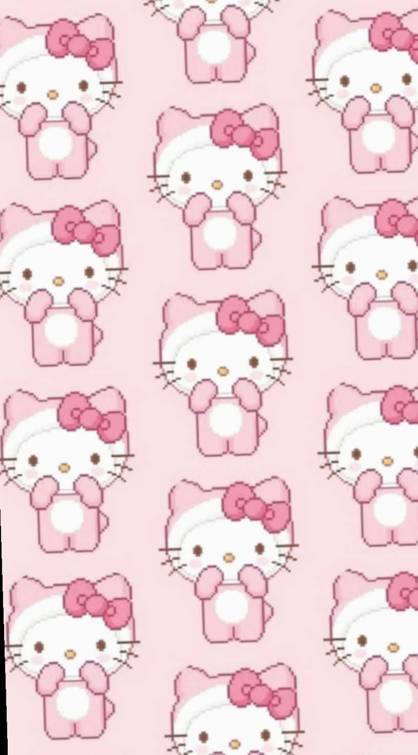 小巧可愛粉紅 Hello Kitty 壁紙 — 一個重複的圖案，由像素化的Hello Kitty角色穿著粉紅色服裝，在柔和的粉紅色背景上。