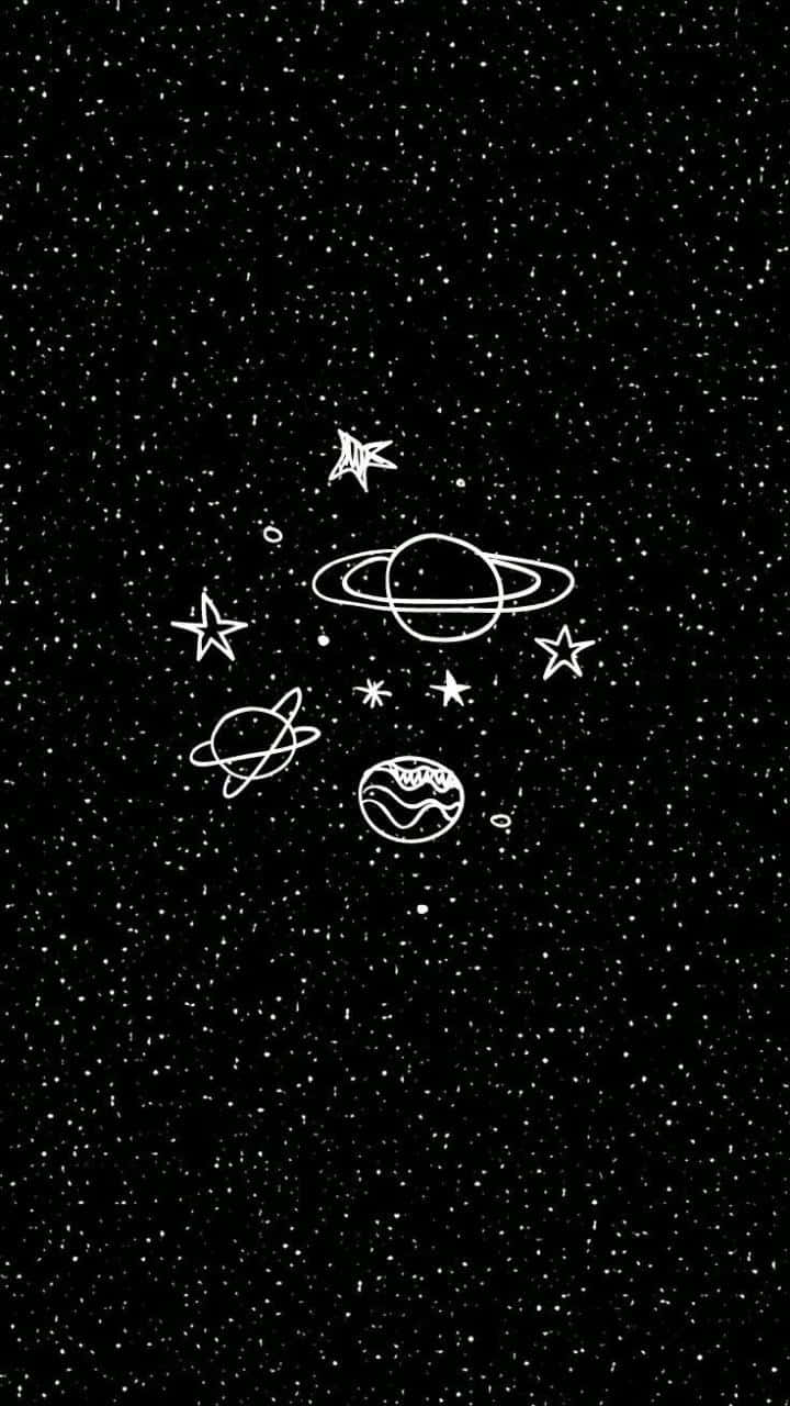 小巧黑銀星雲閃耀美學 壁紙 — 行星和恆星的白色線條圖案在帶有斑點的黑色宇宙背景上漂浮。