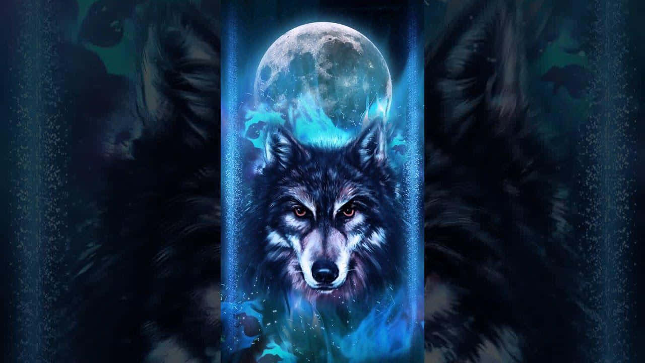 一隻在滿月下、藍色能量環繞中、眼睛發光的狼。