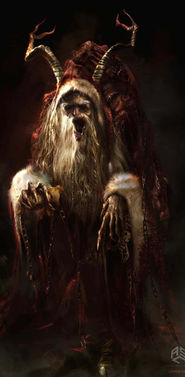 在黑暗環境中帶有角和鎖鏈的惡魔實體。