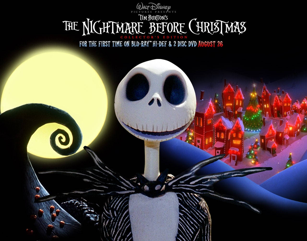 Jack Skellington 在發光的月亮前，身後有雪村。