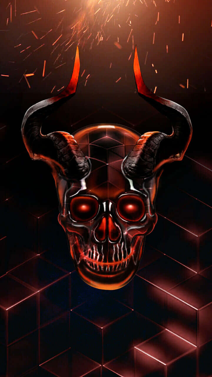 小心邪惡骷髏 壁紙 — 一個光滑的惡魔頭骨，帶有發光的紅色眼睛和角，漂浮在暗色立方體網格上方，火花在熾熱的橙色光芒中向上飛舞。