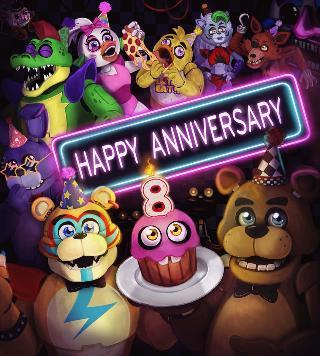 Freddy Fazbear 和機械動物用霓虹燈牌和杯子蛋糕慶祝8週年。