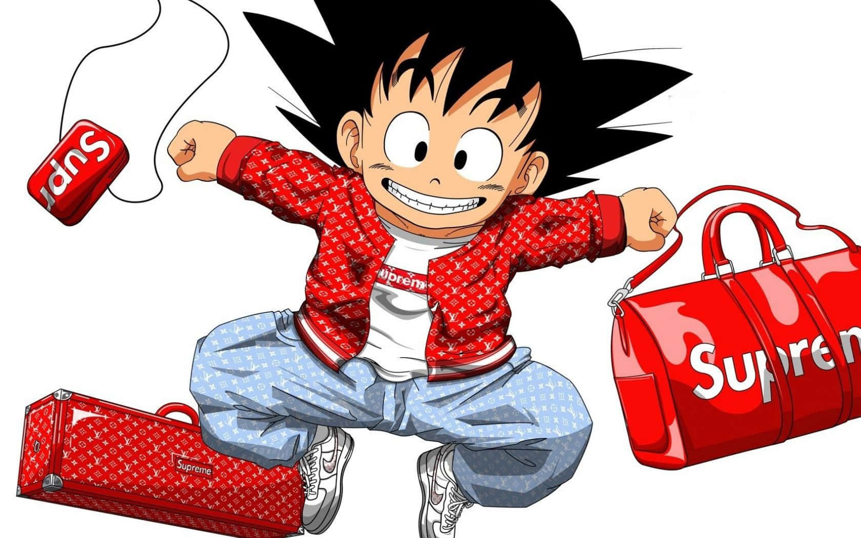 動漫男孩悟空穿著紅色Supreme外套和袋子，充滿活力地擺姿勢。