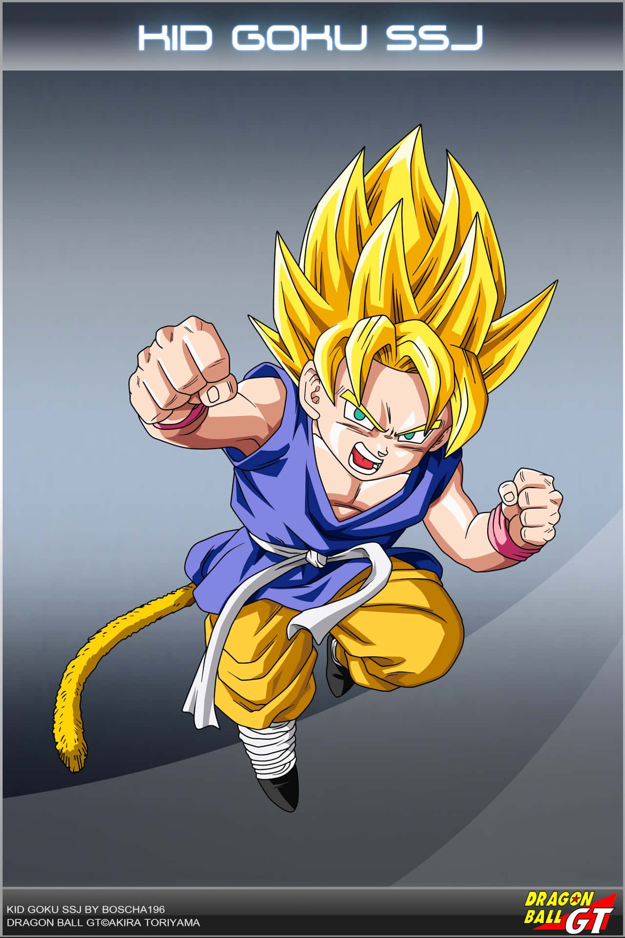 動漫角色 少年悟空 SSJ 超級賽亞人形態，握拳躍起。