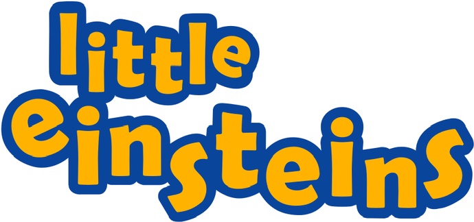 小愛因斯坦標誌 壁紙 — 大膽的黃色和藍色「Little Einsteins」標誌，帶有俏皮的圓角字體，背景為黑色。