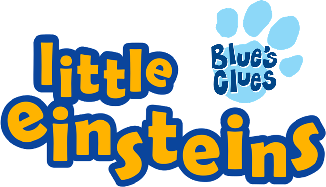 小愛因斯坦與藍色小精靈混搭標誌 壁紙 — 大膽的黃色和藍色「Little Einsteins」標誌，採用俏皮字體，以及帶有「Blue's Clues」文字的藍色爪印。